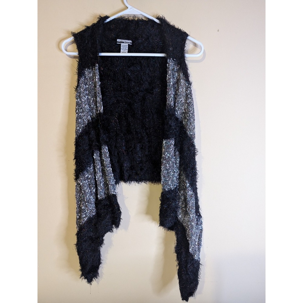 Mirror Image womens L rainbow sparkle black‎ grey open front sweater vest
